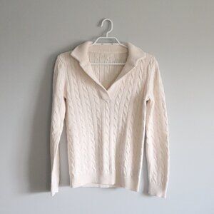 White Women's Cable Knit‎ Collared V-Neck Ribbed Long Sleeve Pullover Sweater